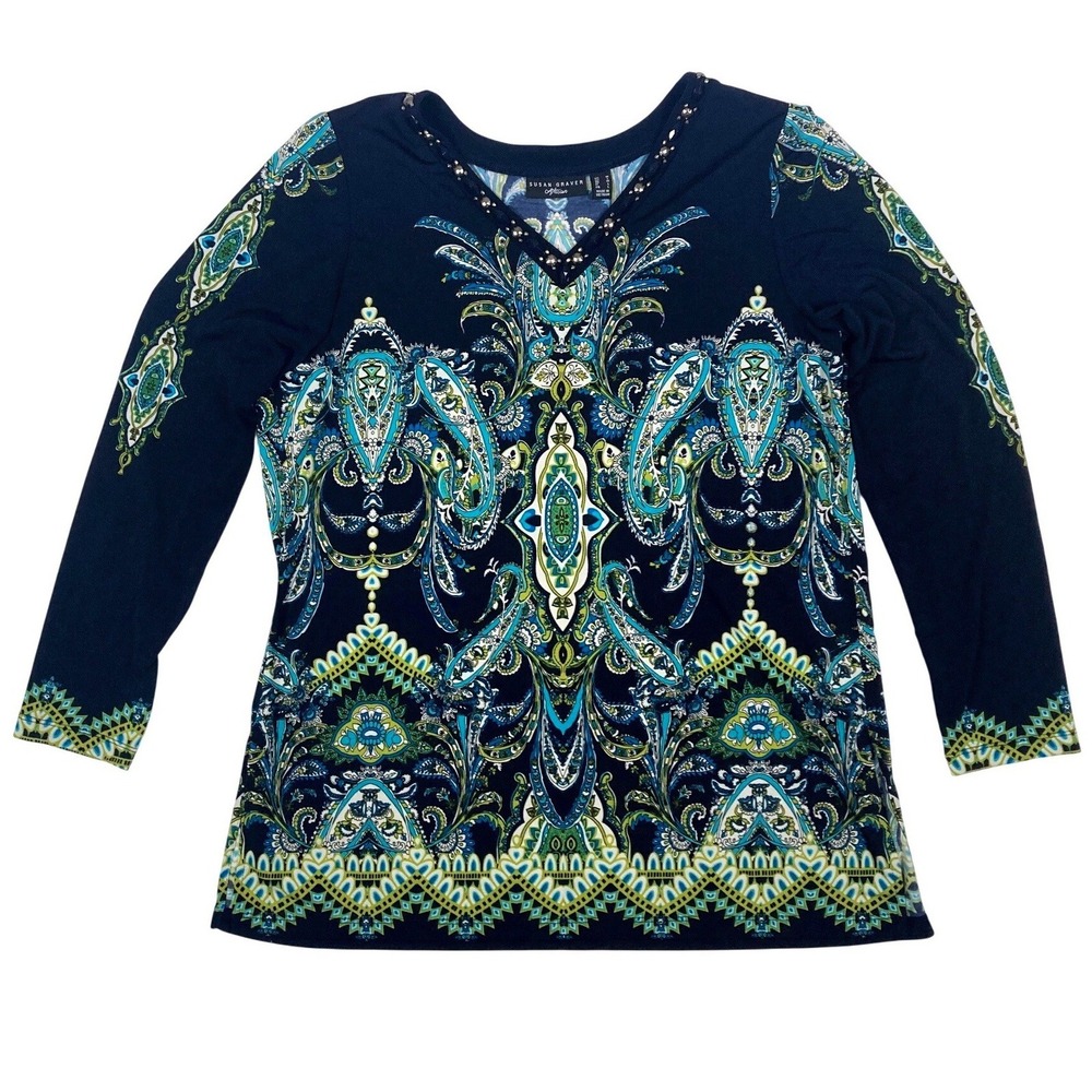 Susan Graver Artisan Navy Blue Paisley Beaded V-Neck Top Womens Size S Tunic
